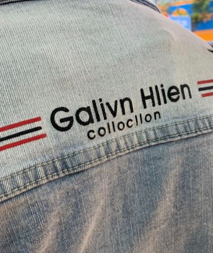 Denim jacket with "Galivn Hlien Collection" text, a funny translation mishap on clothing.