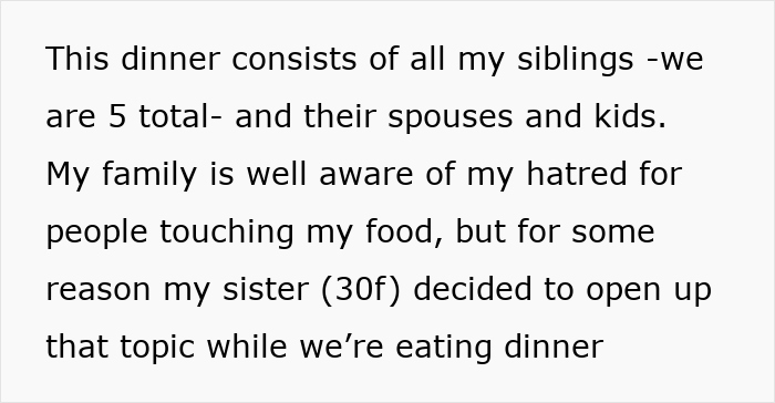 Text about a family dinner conflict over touching food, with sibling tensions highlighted.