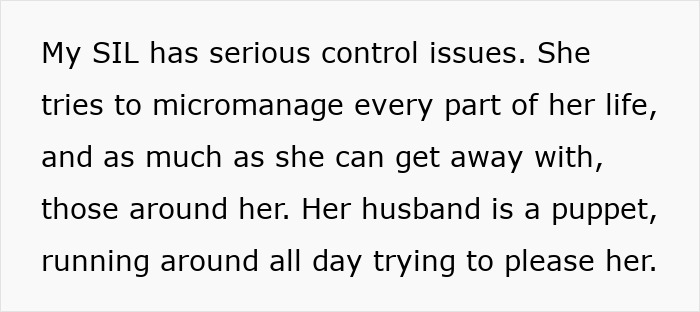 Text describing a sister-in-law&rsquo;s controlling behavior and micromanaging others, causing family frustration.