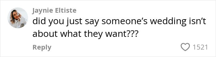 Comment questioning wedding choices amid dry weddings controversy. Comment questioning wedding choices amid dry weddings controversy.