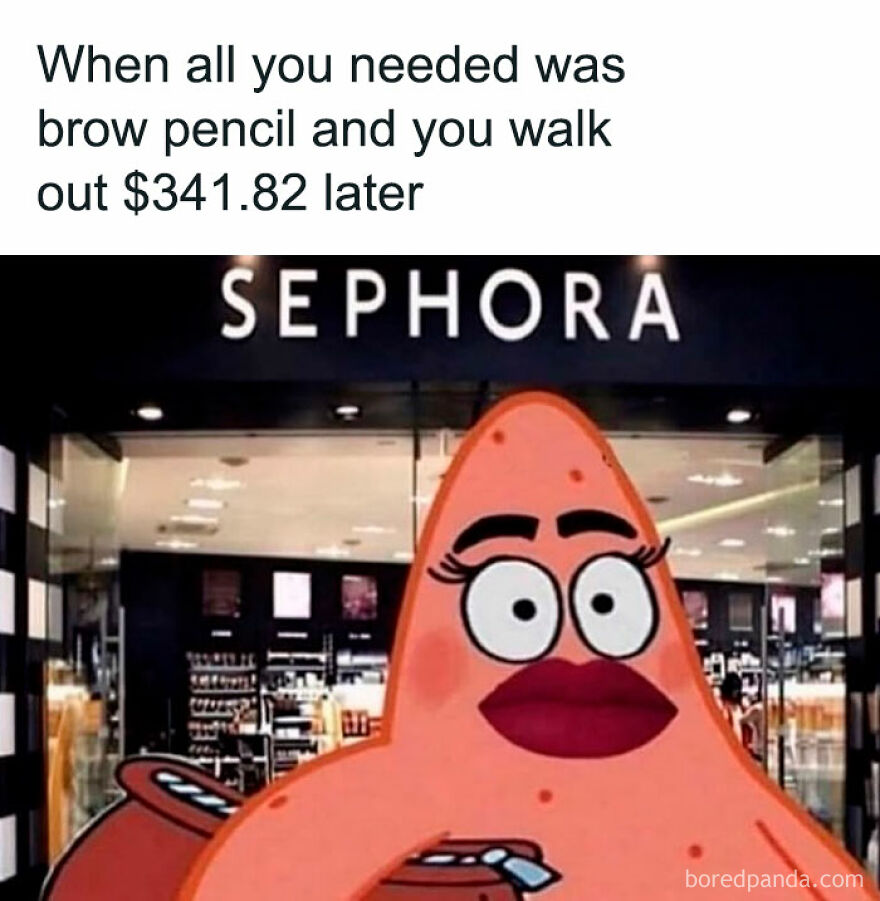 Sephora meme featuring a funny cartoon character leaving the store with an expensive total.