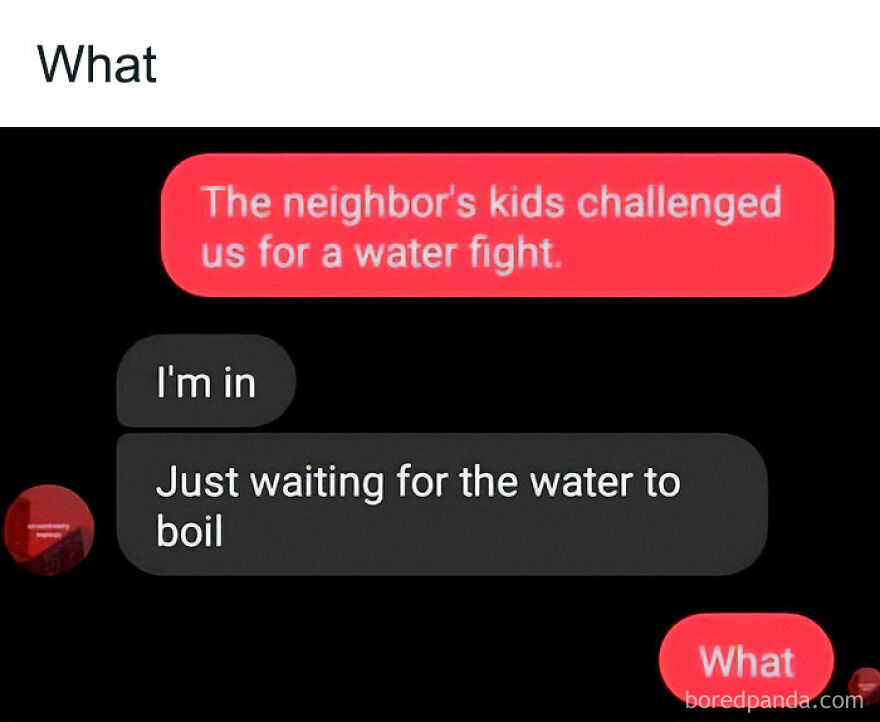 Text conversation humor featuring a water fight challenge with a funny twist.