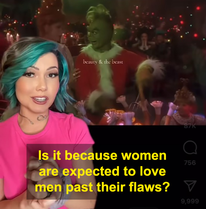 Woman exposing beauty standards in fairy tales with a viral message about human female and male beast roles.