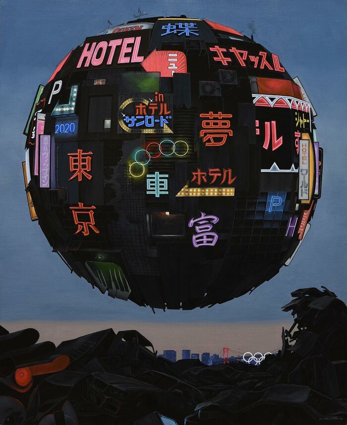 Surreal floating sphere covered in neon signs representing post-apocalyptic urban cityscape against dark sky.