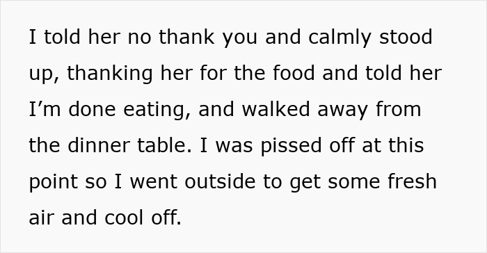 Text describing a family dinner conflict where a woman leaves because her food was touched.