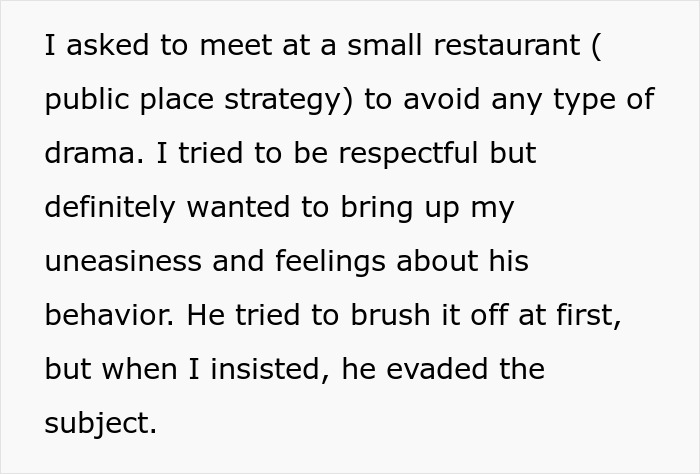 Text about a woman discussing her unease with her boyfriend's behavior in a restaurant setting.