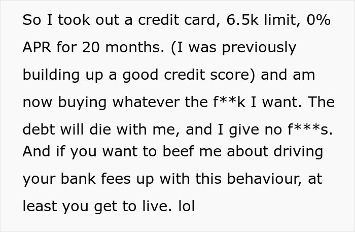 Text about using a good credit score for a $6.5k limit card with 0% APR, spending freely, and reflecting on life choices.