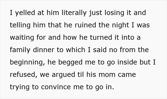 Text reading, "I yelled at him, losing it and telling him he ruined the night, turning it into a family dinner; we argued.