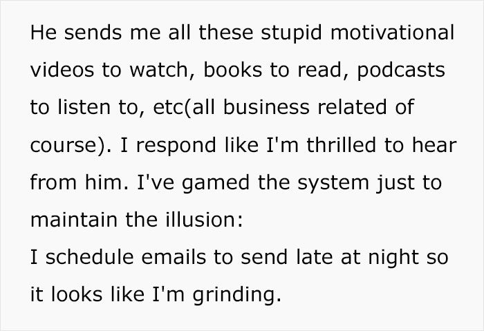 Text describing making millions with minimal work effort and maintaining the illusion of hard work.