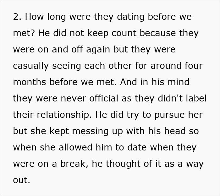 Text message discussing casual dating history before an engagement.