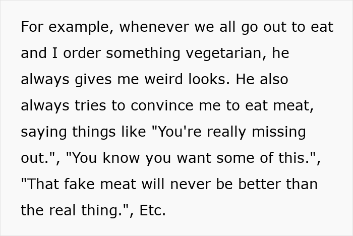 Text about a father-in-law's reactions to vegetarian choices.