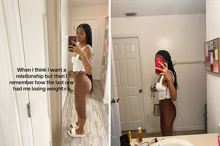 Person in white top and brown pants taking mirror selfies, highlighting appearance single vs. in a relationship.