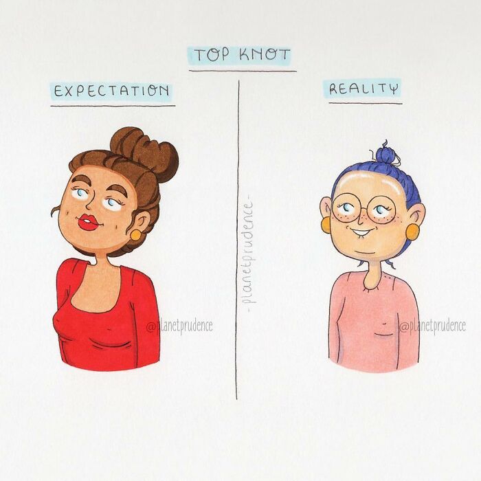 Two side-by-side comics showing the expectation vs. reality of a top knot hairstyle by Bored Panda artists.