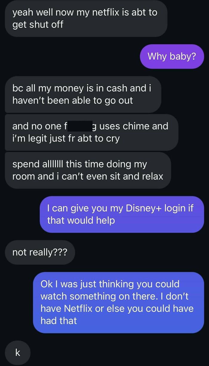 Text message conversation about a woman expressing frustration over Netflix being shut off.