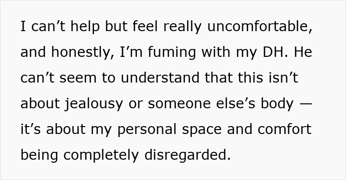 Text expressing an insecure mom's discomfort about personal space and family vacation plans.