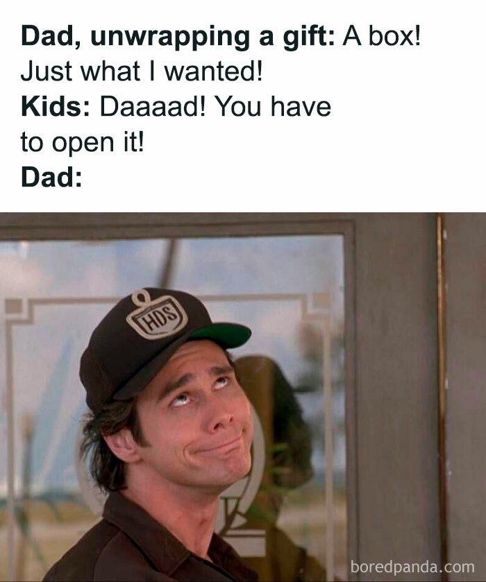 Parenting memes: Dad humor with eye-roll after kids explain gift needs opening, capturing relatable family moments.