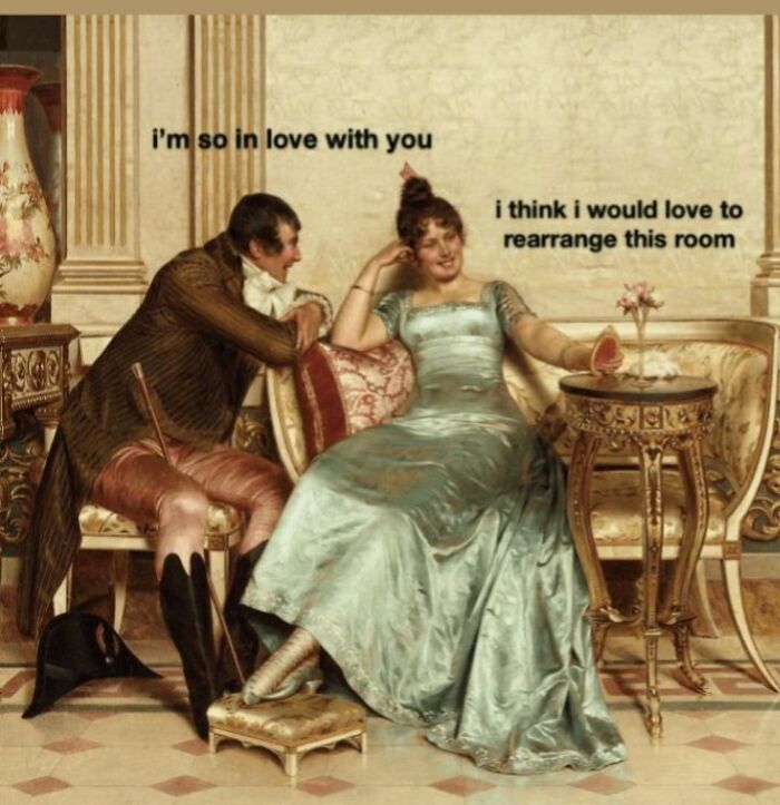 Classical art painting with modern humor meme showing a man and woman in vintage clothing indoors.