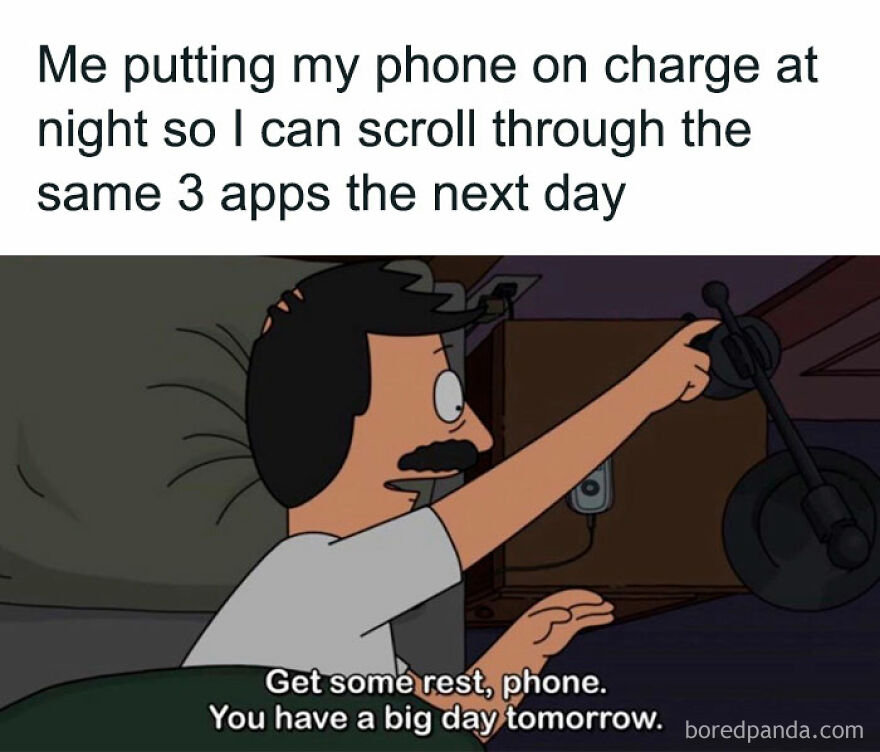 Cartoon character charging phone with humorous text about daily app scrolling; relatable girl posts meme.