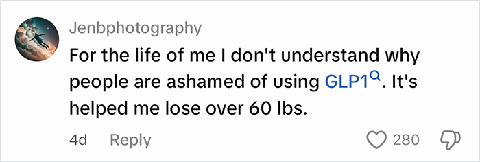 Comment from fitness influencer Jenbphotography expressing confusion over shame about GLP1 use that helped with weight loss of over 60 pounds. Comment from fitness influencer Jenbphotography expressing confusion over shame about GLP1 use that helped with weight loss of over 60 pounds.