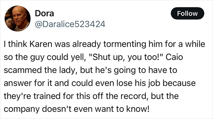 Tweet discussing a woman named Karen tormenting a man, linked to a flight delay incident involving cockpit storming and crew intervention.