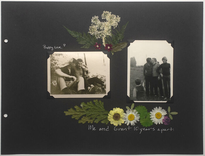 Old black and white photos with pressed flowers celebrating love without boundaries.
