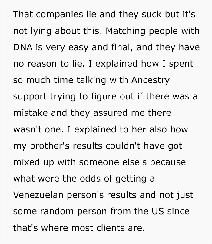 Text describing DNA results and customer questioning ancestry company accuracy.