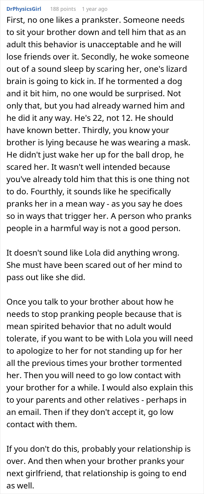 Reddit comment defending girlfriend after prank by brother, suggesting family conflict.