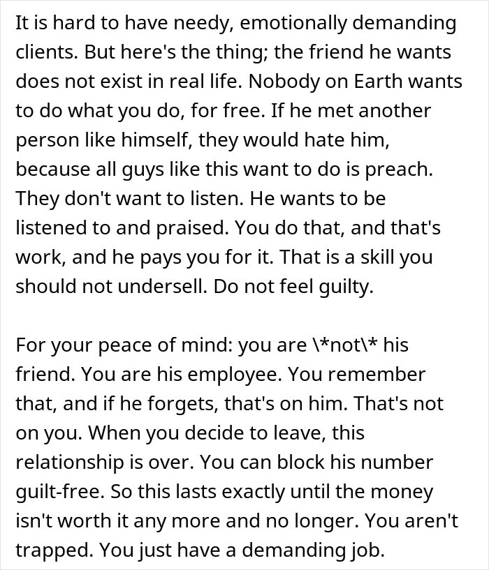 Text discussing work relationships and feeling trapped in a demanding job.