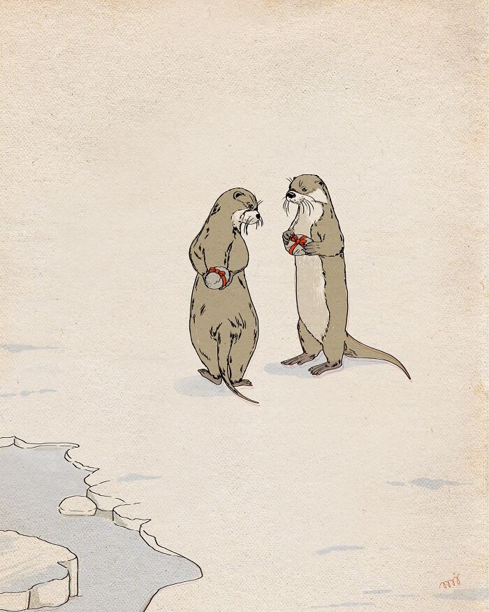 Two otters holding crabs, created in María Jesús Contreras' vibrant, funny illustration style.