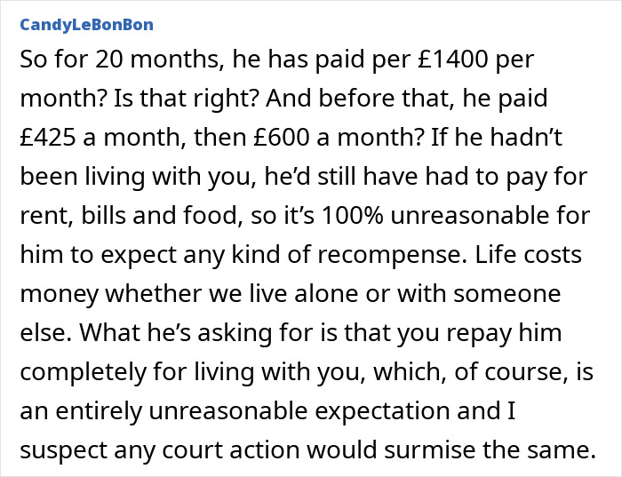 Text discussion about unreasonable repayment demand after relationship ends, referencing living costs and court action.