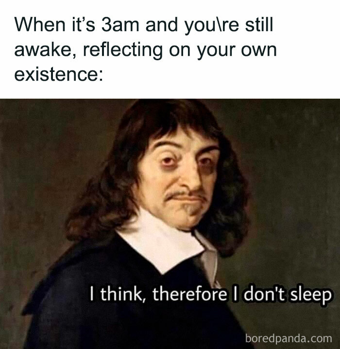 Philosophy meme with a classic portrait, captioned: "I think, therefore I don't sleep," highlighting existential humor.