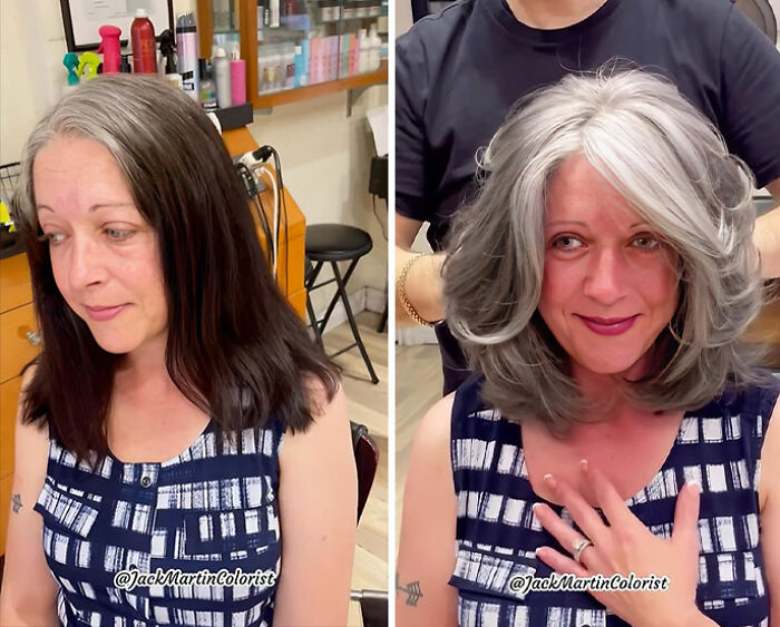 Woman before and after embracing natural gray hair transformation in a salon setting.