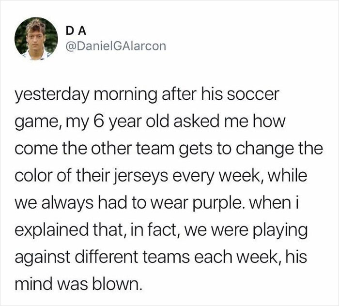 Relatable parenting meme about a dad explaining soccer jersey colors to his curious 6-year-old child.