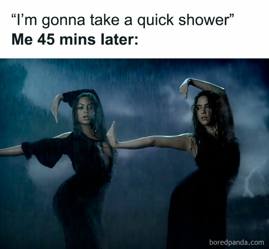 Two women dancing dramatically in the rain, illustrating a humorous meme about long showers.