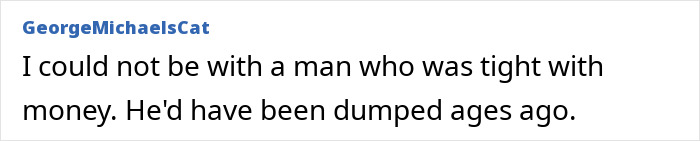 Text post from GeorgeMichaelsCat expressing frustration about being with a man tight with money amid relationship struggles.