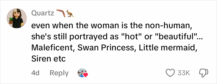 Screenshot of a comment discussing beauty standards in fairy tales focusing on human female and male beast roles.