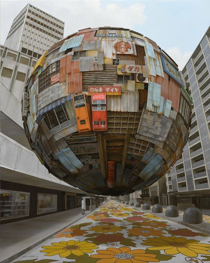 Surreal floating sphere made of urban city elements hovering above a flower-decorated street in a post-apocalyptic setting.