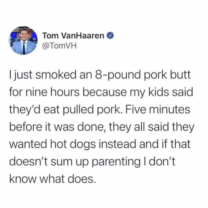 Parenting meme shows dad's humorous tweet about smoking pork for kids who choose hot dogs instead.