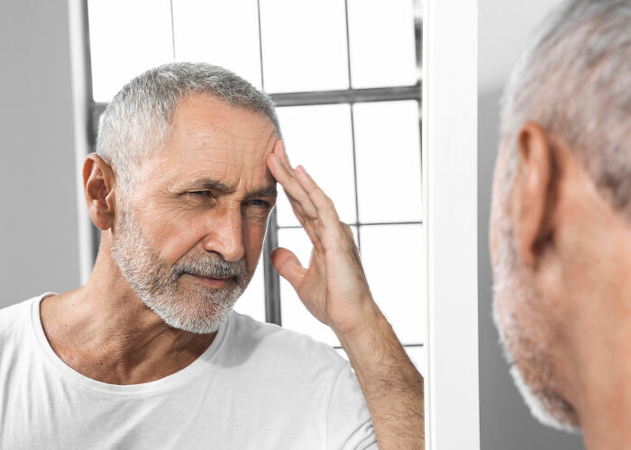 Elderly man with gray hair in a white shirt gazes into a mirror, reflecting on aging realities.
