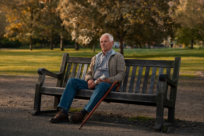 Elderly man sitting on a park bench with a walking cane, contemplating the realities of aging.