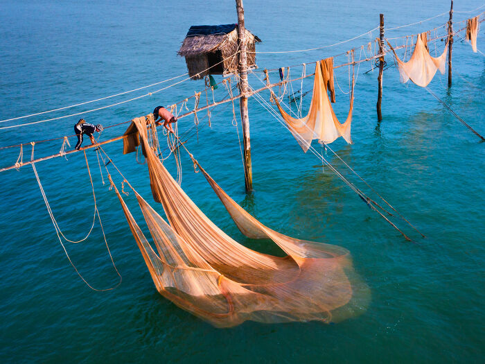 Fishing nets hanging over blue water in a coastal setting, shortlisted for 2025 World Food Photography Awards.