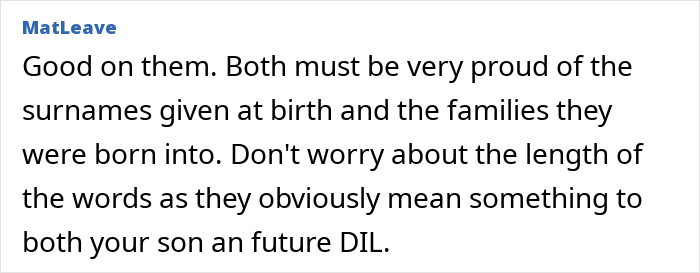 Online comment supporting son’s choice of hyphenated last name after marriage. Online comment supporting son’s choice of hyphenated last name after marriage.