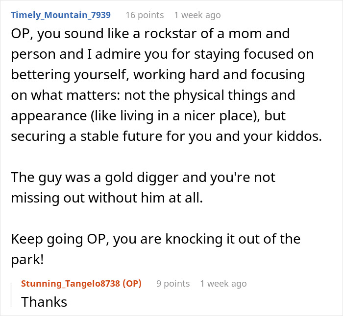 Reddit comment supporting woman for leaving boyfriend, labeled a gold digger.