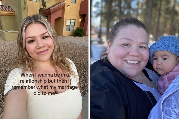 Woman smiling outdoors single vs. happy in a relationship with baby, showcasing life changes.