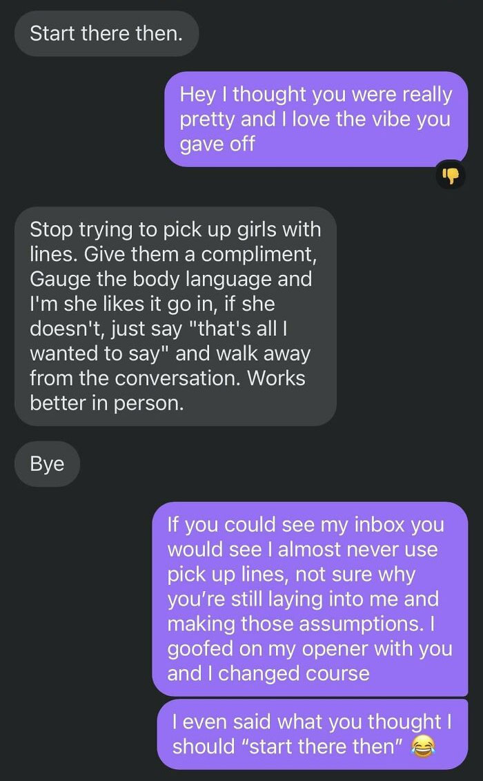 Text conversation highlighting pickup lines and reality checks.