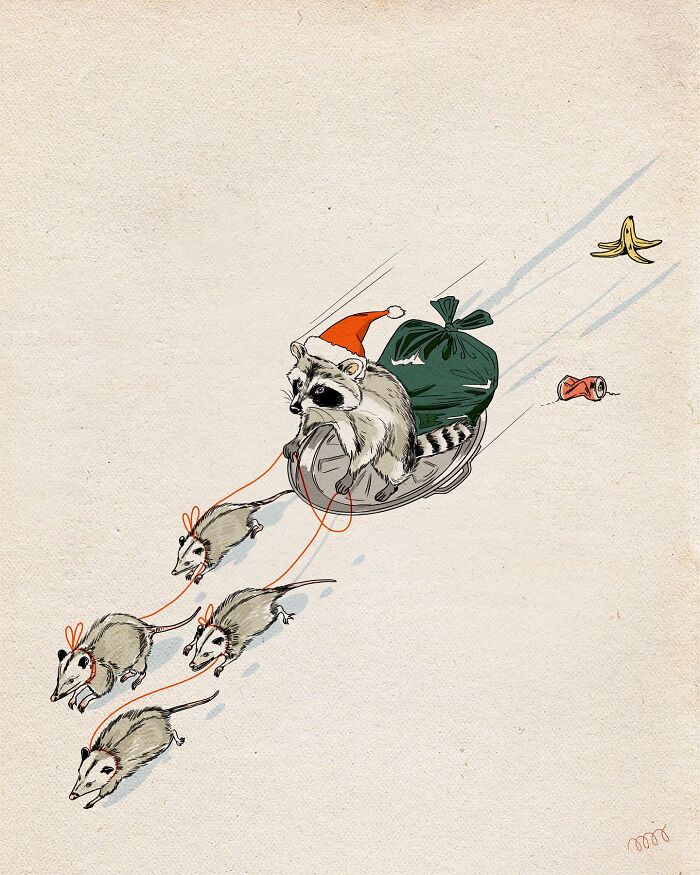 Raccoon in Santa hat riding a sled pulled by possums, a whimsical illustration by María Jesús Contreras.