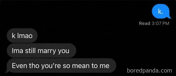 Text message meme with humorous exchange about marrying despite being mean.