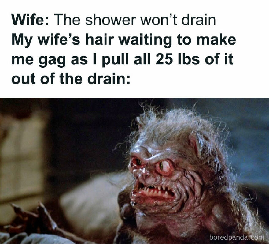 Hair clogging drain meme shows a monster representing tangled hair, humorously capturing the struggle in the shower.