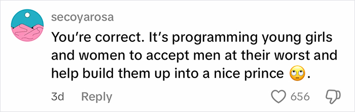Social media comment discussing programming young girls to accept men at their worst and build them into princes.