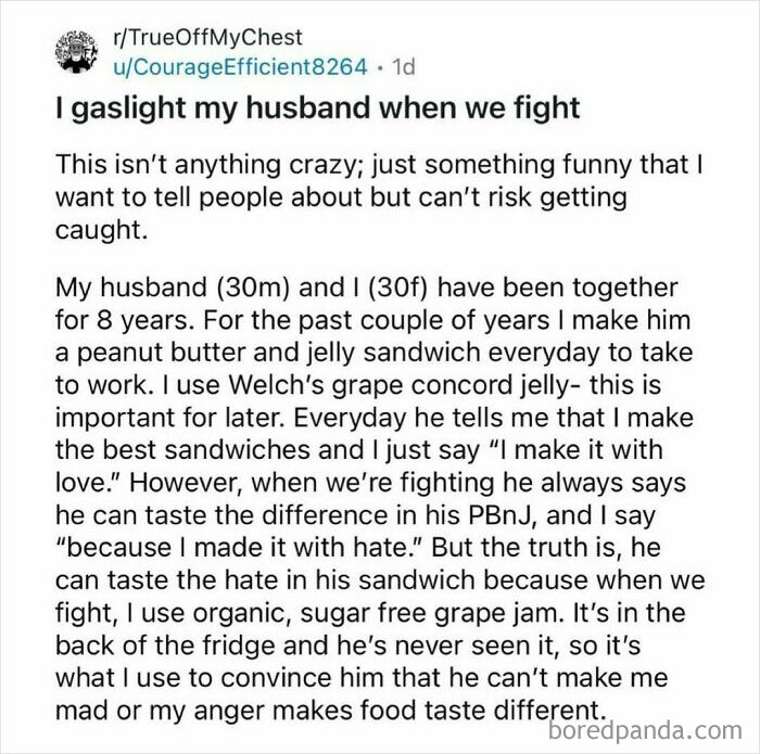 Text post meme about a wife humorously gaslighting her husband with different jelly in sandwiches.